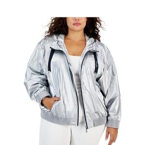 Tommy Hilfiger Women's Silver Windbreaker Hooded Jacket Size  X2